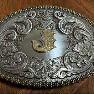 Ornate Silver and Gold J Belt Buckle